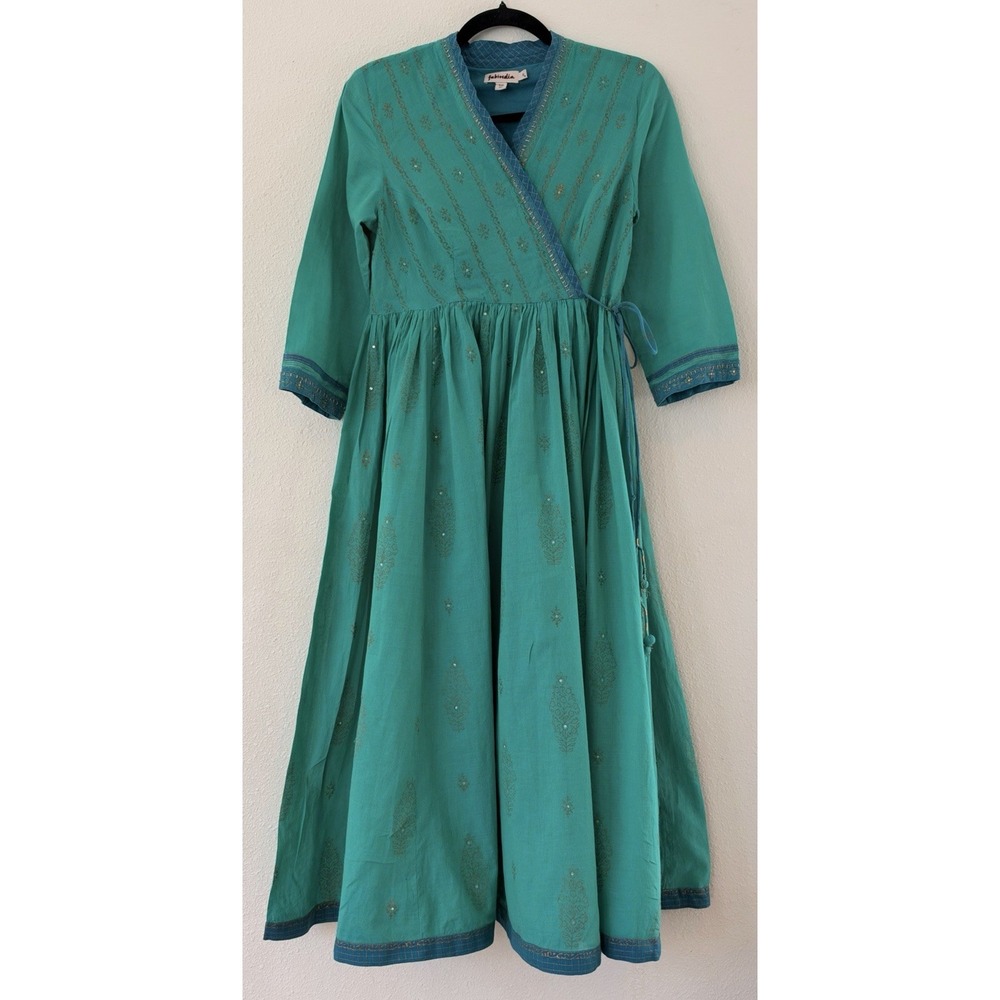 Fabindia Teal Block Print Angrakha Wrap Dress Cotton Boho Maxi Slim Fit Size S